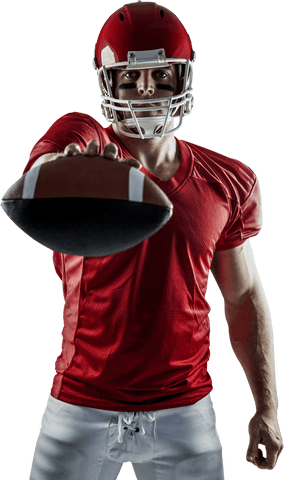 Transparent american football player holding ball forward