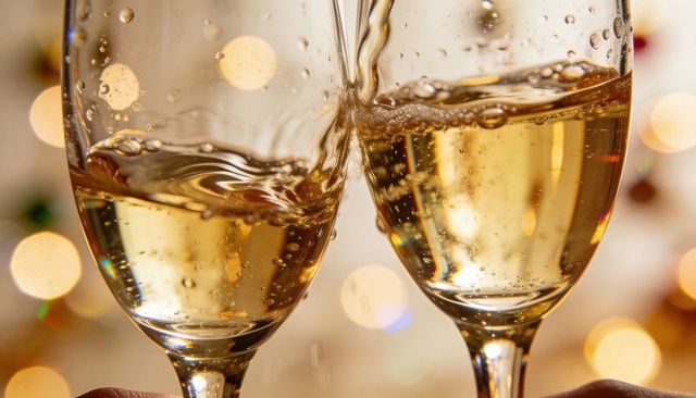 Pouring sparkling wine into two champagne flutes with golden bubbles and warm bokeh glow