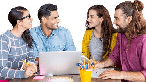 Transparent background: diverse colleagues collaborating on laptop