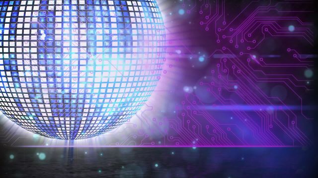 Futuristic digital background with a glowing disco ball, circuit board elements, and neon lights. Perfect for tech events, party invitations, EDM concerts, technology-themed celebrations, innovation presentations, and digital marketing materials.