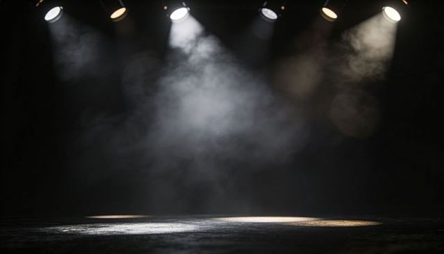 Empty Stage with Five Overhead Spotlights Casting Beams Through Smoke and Reflective Floor