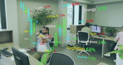 Businessman stretching in modern office with financial data projections