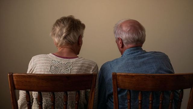 Senior couple sitting side-by-side on wooden chairs facing blank wall, cozy home scene