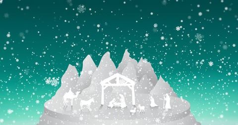 Nativity scene silhouette with snowfall in mountainous landscape