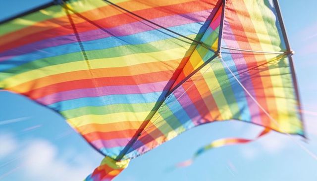 Rainbow striped delta kite flying against clear blue sky with streamer tail and sunflare