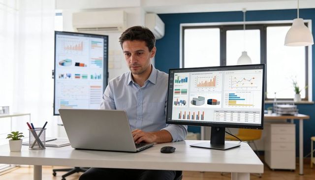 Business analyst reviewing financial dashboards on laptop and desktop monitors in modern office work