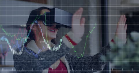Woman Experiencing VR Technology with Data Visualization