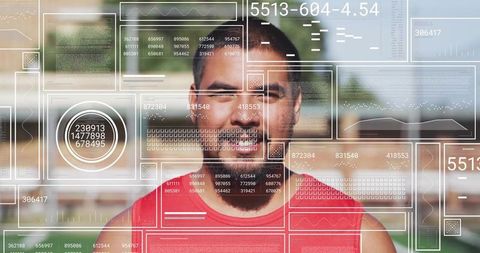 Standing male athlete wearing red sleeveless top displaying ar hud overlays on sports field