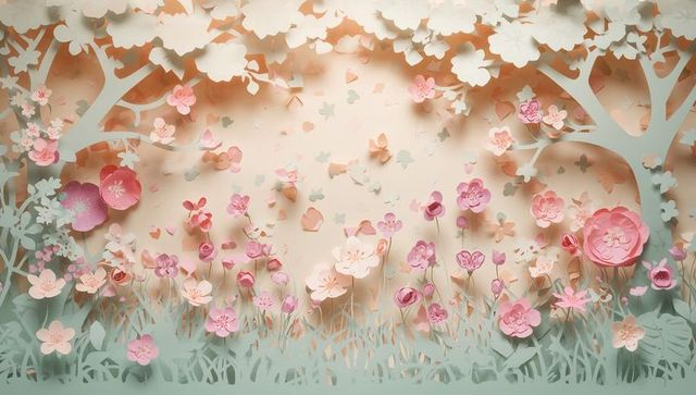 Paper-cut floral mural with pastel blossoms, layered trees and floating butterflies