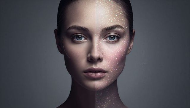 Studio portrait showing split-effect glitter makeup on female model