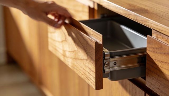 Hand pulling solid wood drawer with recessed finger pull and metal soft-close slide