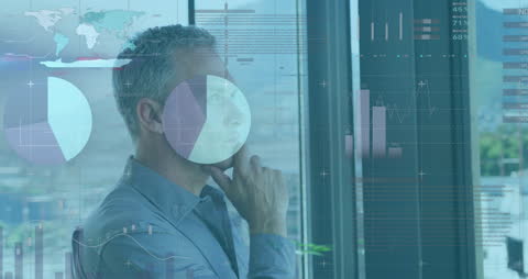 Businessman Thinking with Overlayed Data Analytics and Charts