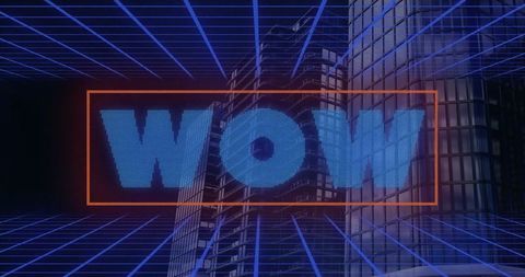 Retro Futuristic Digital Cityscape with WOW Text