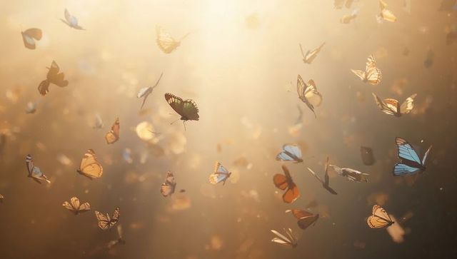 Fluttering butterfly swarm basking in golden sunbeams over wildflower meadow