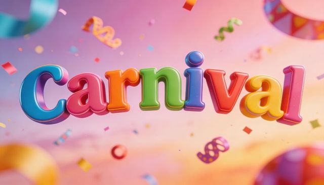 Colorful 3d carnival lettering floating with confetti, ribbons and festive gradient glow