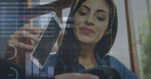 Woman Using Mobile Payment with Financial Analytics Overlay - Download Free Stock Images Pikwizard.com