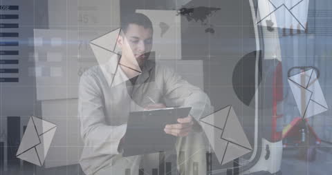 Warehouse Worker Overlaid with Global Financial Data Animation