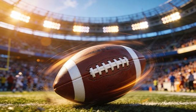 Rolling american football skidding across turf under stadium lights with motion blur