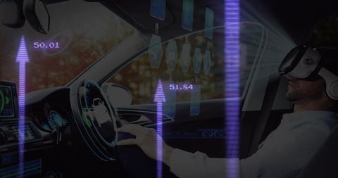 Driver Wearing VR Headset in Autonomous Car with Futuristic HUD and Purple Holograms