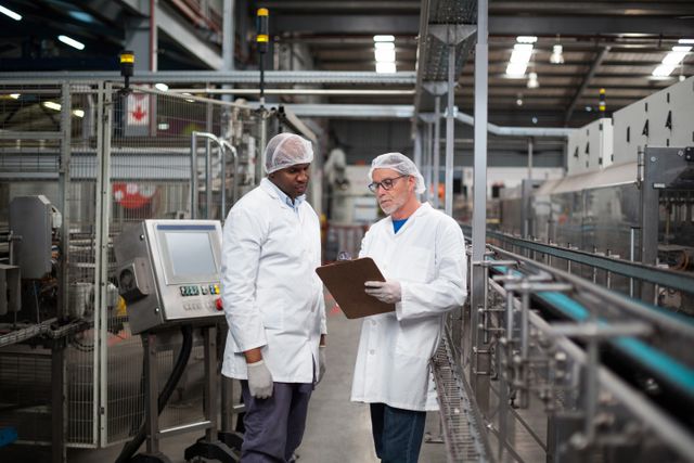 Two factory engineers in white lab coats and hairnets are discussing in a drinks production plant. One is holding a clipboard, indicating a discussion about quality control or production processes. This image can be used to illustrate teamwork, industrial work environments, manufacturing processes, and quality assurance in the food and beverage industry.