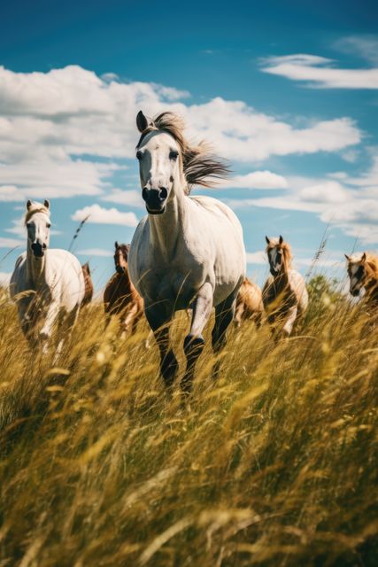 Wild horses are galloping through a golden, grassy field under a clear blue sky. Use this image to represent concepts of freedom, nature, or outdoor adventures. Suitable for environmental conservation campaigns, equestrian products, or outdoor lifestyle promotions.