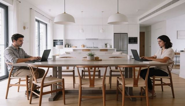 Couple working remotely at wooden dining table in sunlit minimalist open kitchen workspace