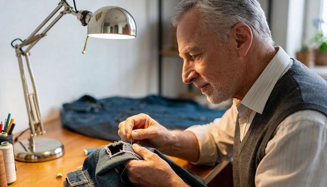 Senior man mending jeans at wooden desk stitching denim by lamp for sustainable repair