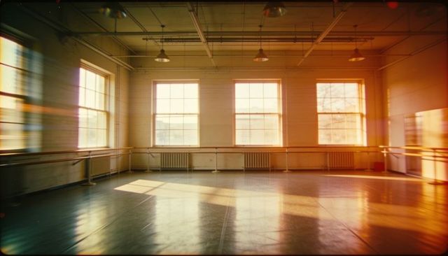 Sunlight bathing empty ballet studio with hardwood floor and barres in industrial loft