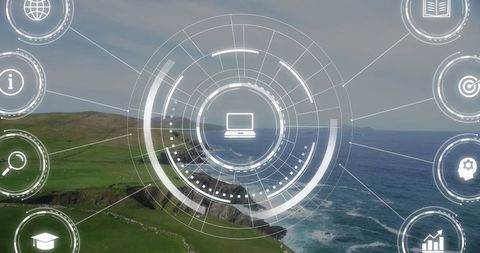 Digital Interface Overlooking Coastal Landscape With Futuristic Icons