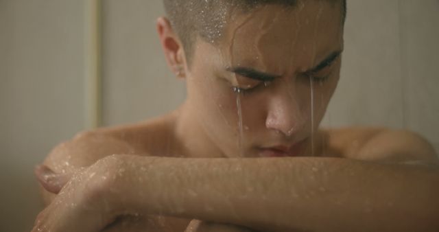 Young Man Reflecting While Shower Water Rain - Download Free Stock Images Pikwizard.com