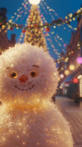 Zooming on glowing snowman with twinkling Christmas tree lights on festive street