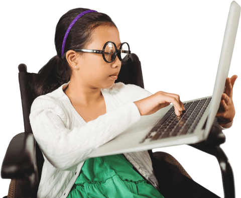 young girl with glasses typing on laptop in wheelchair transparent background - Download Free Stock Videos Pikwizard.com