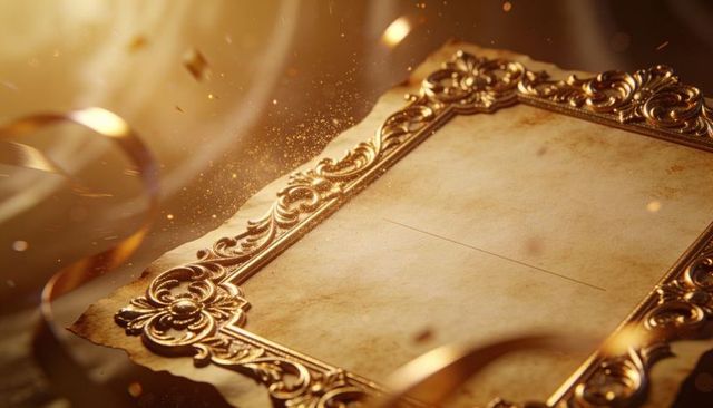 Gilded filigree frame resting on aged parchment with curling gold ribbons and glittering dust
