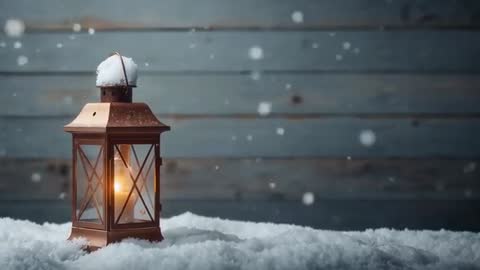 Rustic lantern glowing in falling snow with warm amber light and wooden backdrop, slow motion loop