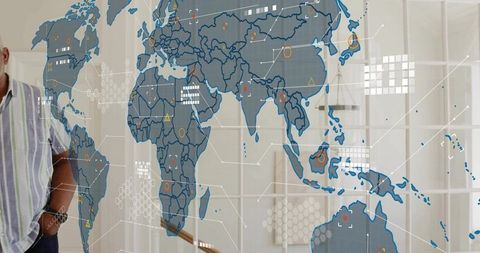 Glass World Map Projecting Data Overlay with Businessman at Staircase for Global Analytics