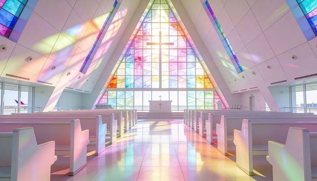 Airport chapel altar framed by triangular stained glass casting pastel light in sanctuary