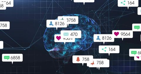 Futuristic neon wireframe brain hologram with social alerts and network data visualization