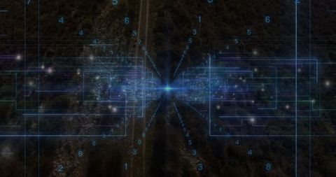 Activating blue pulse mapping forest trail with radial holographic data beams overlay