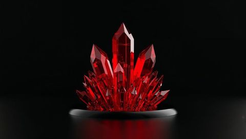 Shimmering red faceted crystal cluster rising from black base glossy ruby prism reflective still lif