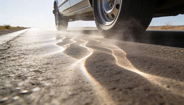 Car tire rolling across sun-baked desert road with heat mirage and dust trail