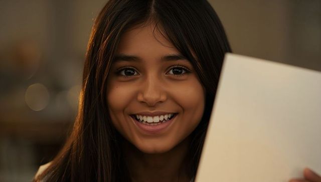 Smiling indian girl holding blank card closeup portrait with warm bokeh and natural light