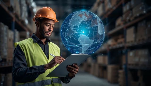 Warehouse manager using tablet and stylus with ar globe showing global logistics network