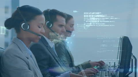 Business professionals wearing headsets focus on delivering excellent customer service, enhanced by a digital interface overlay. Ideal for content on customer support services, teamwork in a corporate setting, or articles on integrating technology in business communication.