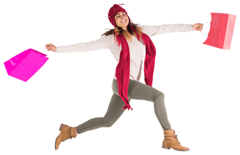 smiling woman jumping with shopping bags and warm clothing transparent background - Download Free Stock Videos Pikwizard.com