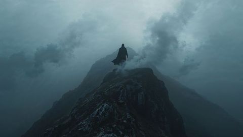 Hooded assassin figure overlooking misty valley on jagged mountain ridge
