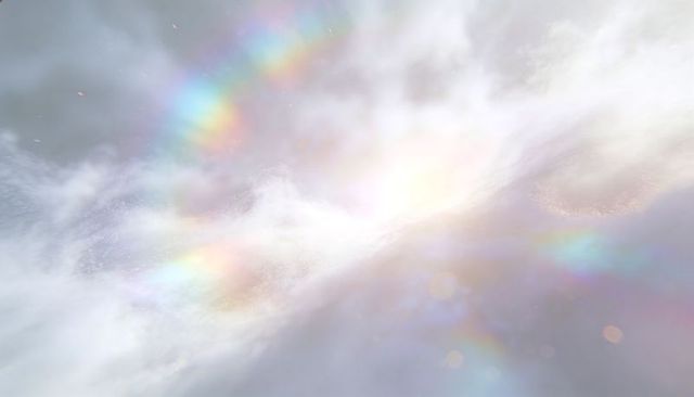 Ethereal sunburst illuminating pastel cloudscape with iridescent light flares