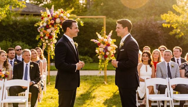 Two grooms exchanging vows at golden hour outdoor garden wedding with floral arch