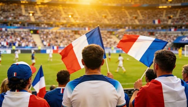 Fans waving french flags in packed stadium during soccer match at sunset