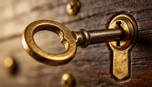 Inserting antique brass skeleton key into ornate escutcheon on weathered wooden chest