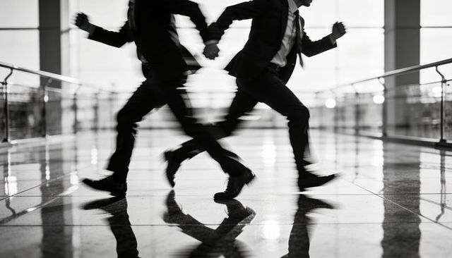 Businessmen hurrying through polished atrium with motion blur and reflections